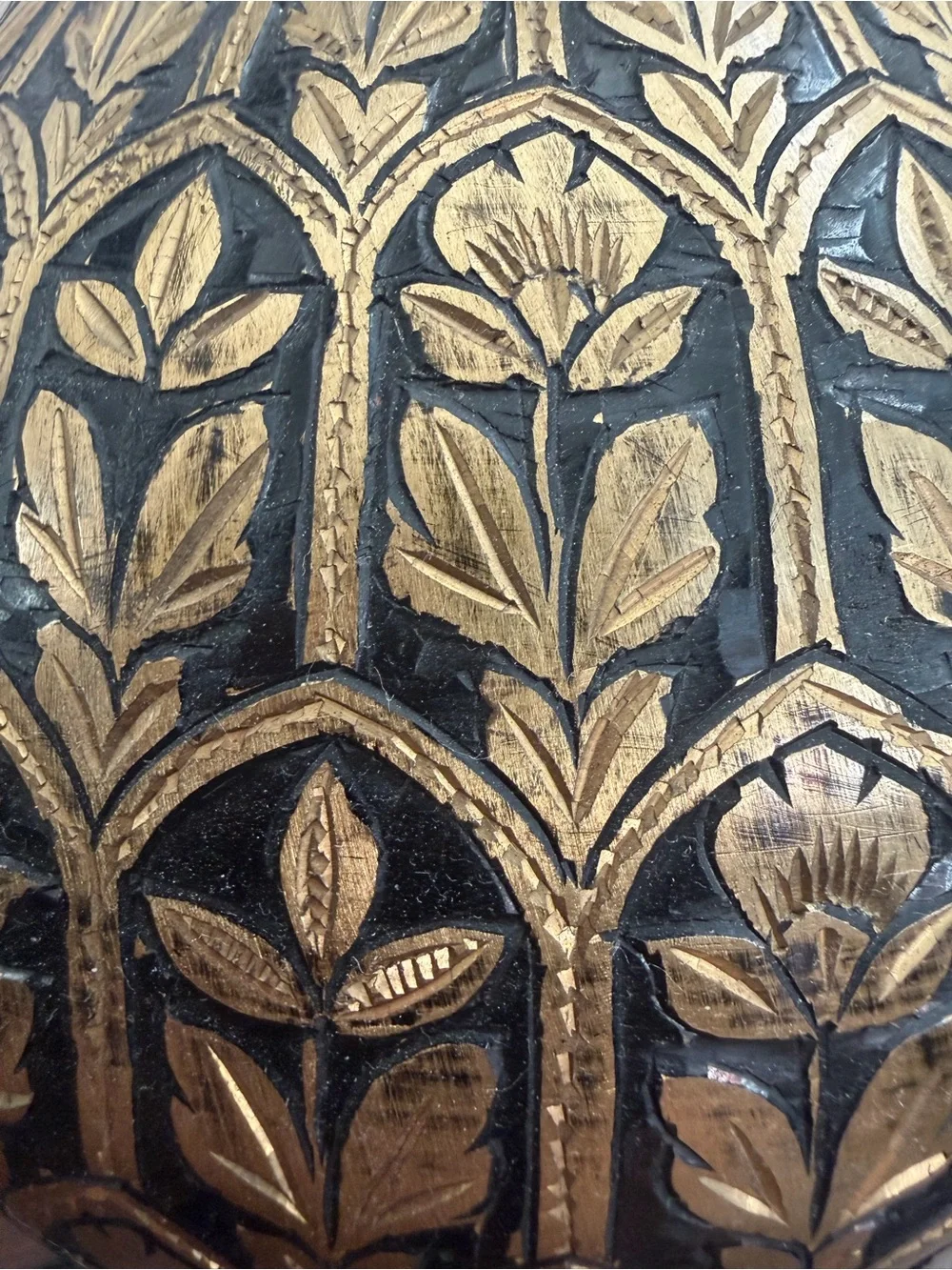Vintage Hand-Carved Brass Vase with Black Lacquer Etching